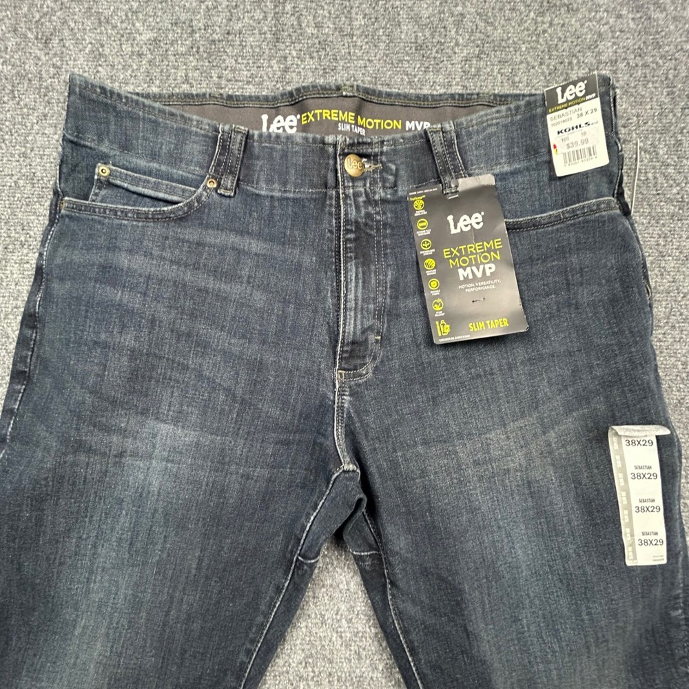 Lee Extreme Motion MVP Jeans Mens 38x29 Blue Dark Wash Slim Taper Denim Pants - Picture 2 of 13